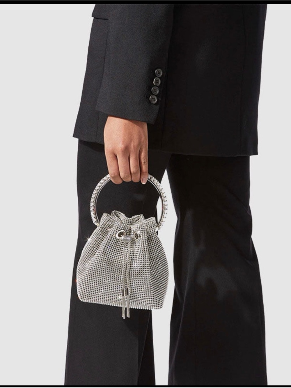 Silver Crystal Ring-Handle Drawstring Clutch